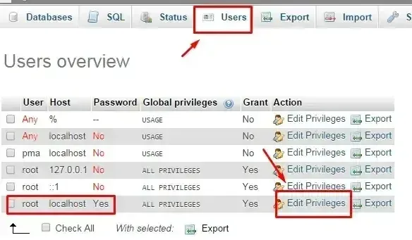 Cara Mengubah Password Database Pada phpMyAdmin XAMPP