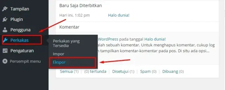 cara memindahkan blog wordpress export