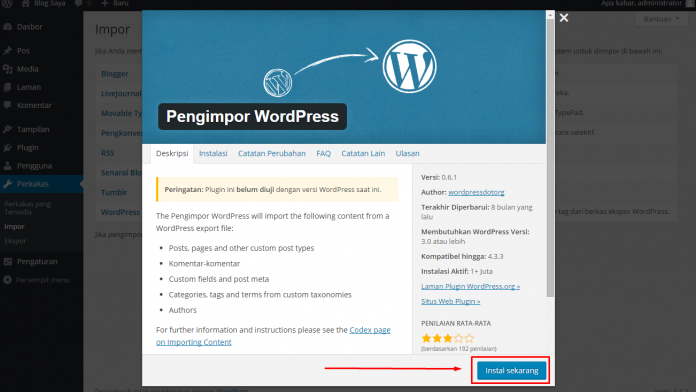 cara memindahkan blog wordpress import