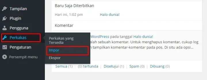 cara memindahkan blog wordpress import