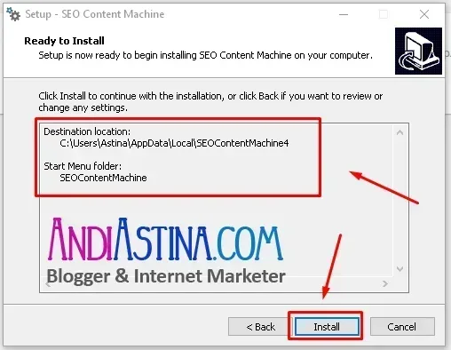 Install SEO Content Machine Konfirmasi